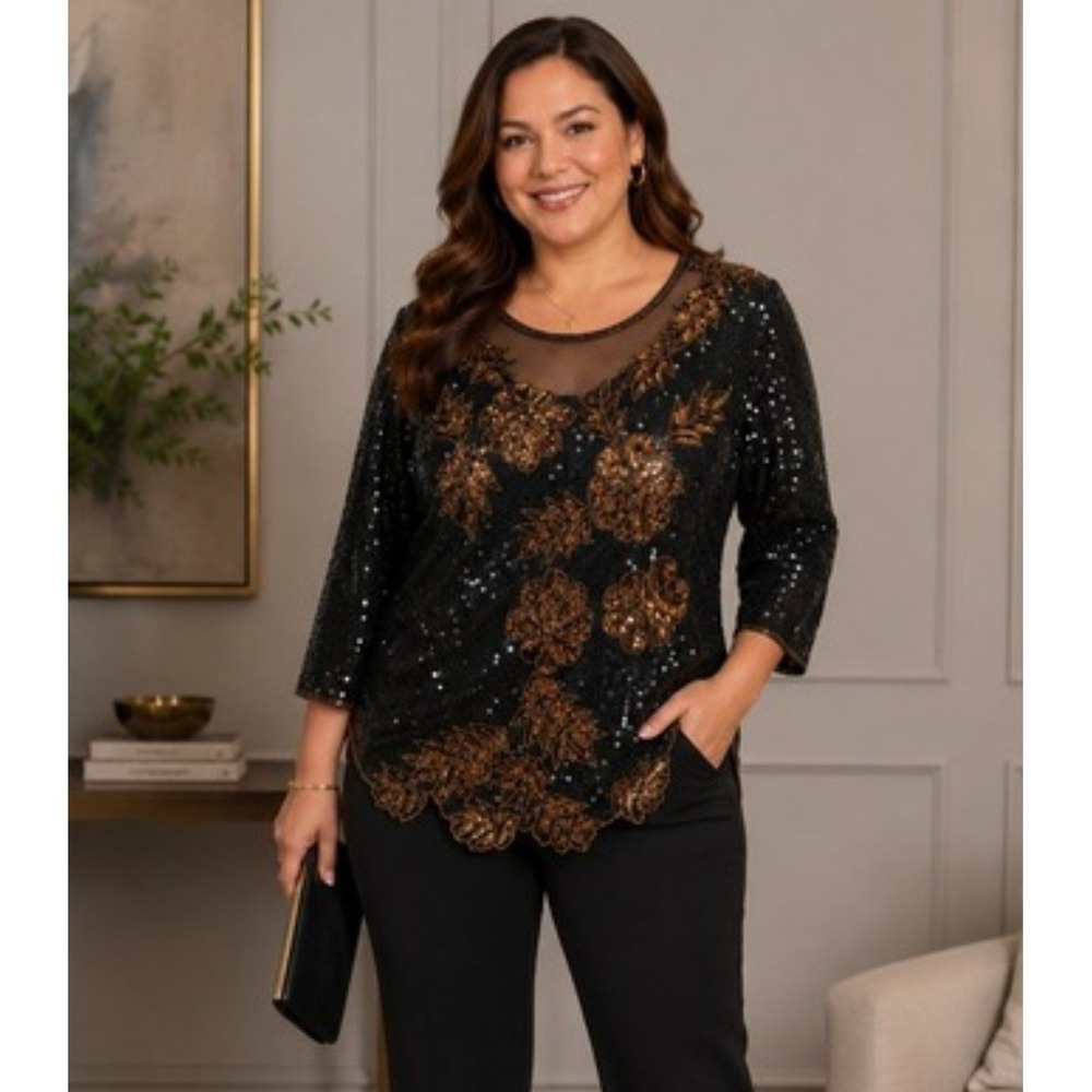 Vintage 90s Creative Touch 100% Silk Sequin Top Womens Large Black Bronze Floral